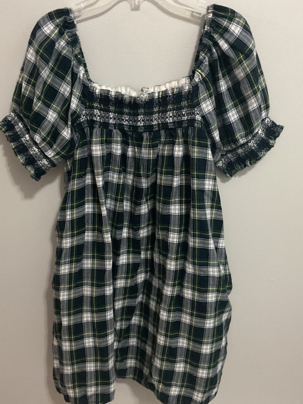 AE Tartan Plaid Smocked Puff Sleeve Babydoll Mini Dress, MED